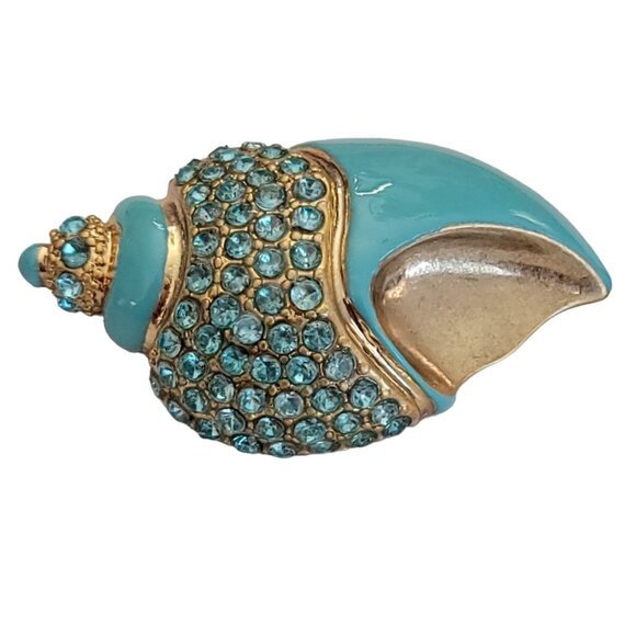 LC Liz Claiborne Teal, Robins Egg Enamel Seashell Blue Rhinestone Brooch, M732 - Picture 4 of 9